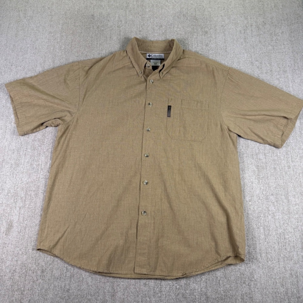 Columbia Button Down Shirt Mens Medium Tan Short Sleeve Micro Check Cotton